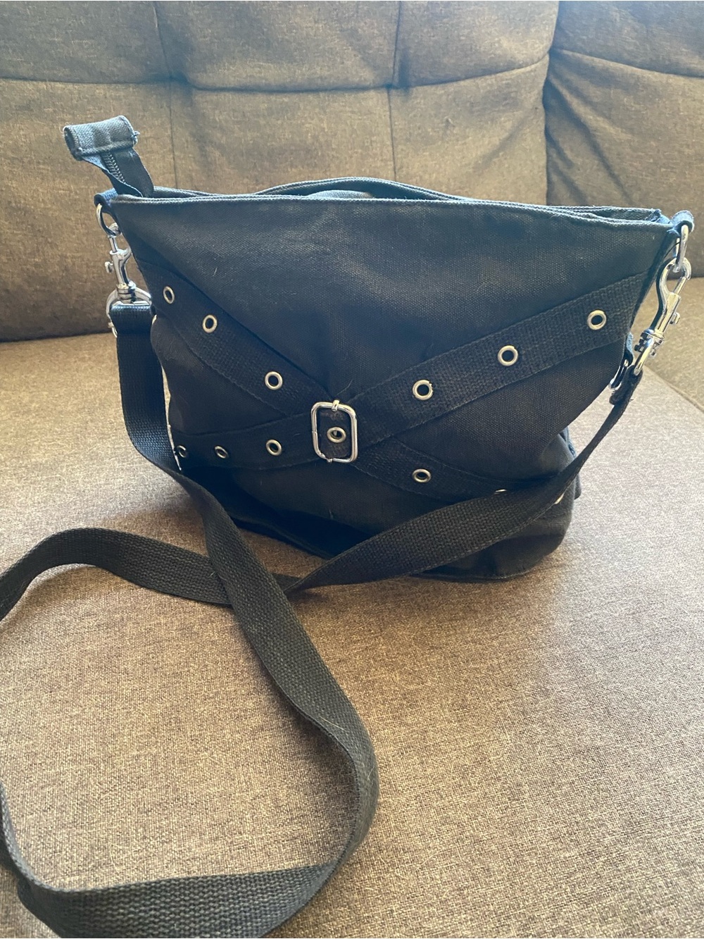 Black Crossbody Shoulder Bag with Eyelet Strap Detail